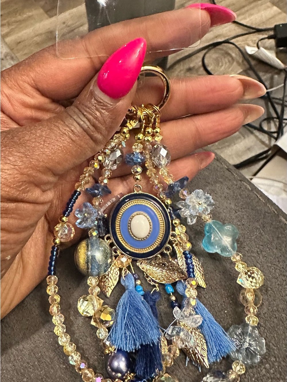 Gold & Blue Boho Tassel Charm bag or phone accessory